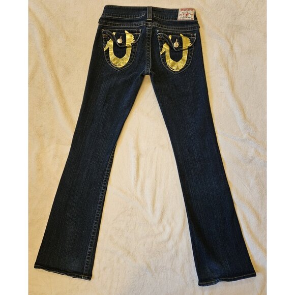 True Religion Joey Women's 29 Bootcut Gold Foil Flap Pocket Blue Jeans - Picture 6 of 15